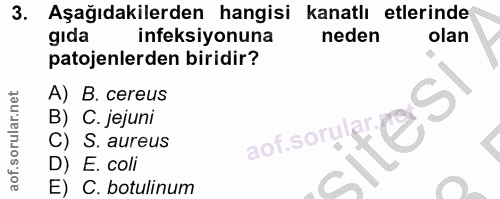 3. soru: Aşağıdakilerden hangisi kanatlı etlerinde gida ineksiyonuna neden olan patojenlerden biridir? A) B. cereus B) C. jeju…