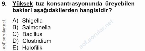 9. soru: Yüksek tuz konsantrasyonunda üreyebilen bakteri aşağıdakilerden hangisidir? A) Shigella B) Salmonella C) Bacillus aof…