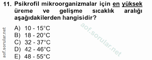 11. soru: Psikrofil mikroorganizmalar için en yüksek üreme ve gelişme sıcaklık aralığı aşağıdakilerden hangisidir? A) 10- 15°C…