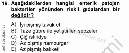 16. soru: Aşağıdakilerden hangisi enterik patojen bakteriler yönünden riskli gıdalardan bir değildir? A) İyi pişmiş tavuk eti B…