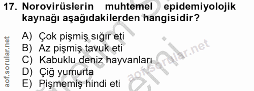 17. soru: Norovirüslerin muhtemel epidemiyolojik kaynağı aşağıdakilerden hangisidir? A) Çok pişmiş sığır eti B) Az pişmiş tavuk…
