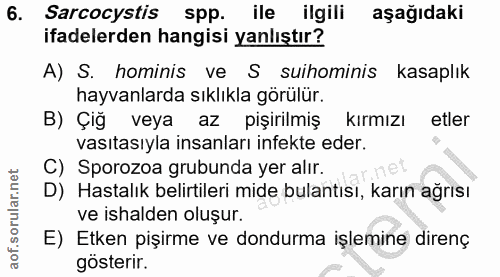 6. soru: Sarcocystis spp. ile ilgili aşağıdaki ifadelerden hangisi yanlıştır? A) S. hominis ve S suihominis kasaplık hayvanlar…