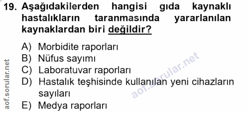 19. soru: Aşağıdakilerden hangisi gida kaynaklı hastalıkların taranmasında yararlanılan kaynaklardan biri değildir? A) Morbidit…