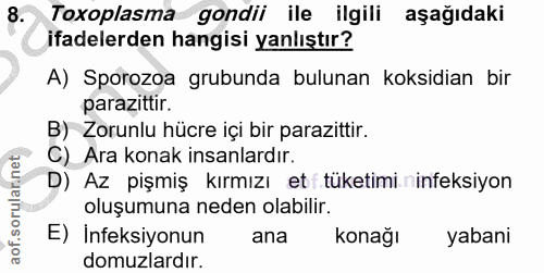8. soru: Toxoplasma gondii ile ilgili aşağıdaki ifadelerden hangisi yanlıştır? A) Sporozoa grubunda bulunan koksidian bir para…
