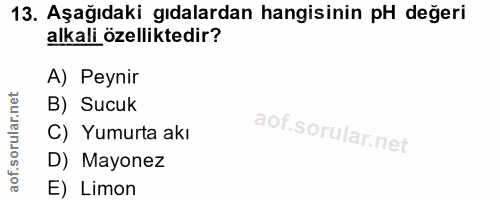 13. soru: Aşağıdaki gıdalardan hangisinin pH değeri alkali özelliktedir? A) Peynir B) Sucuk C) Yumurta akı D) Mayonez E) Limon
