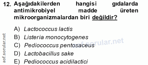 12. soru: Aşağıdakilerden hangisi gıdalarda antimikrobiyel madde üreten mikroorganizmalardan biri değildir? A) Lactococcus /act…