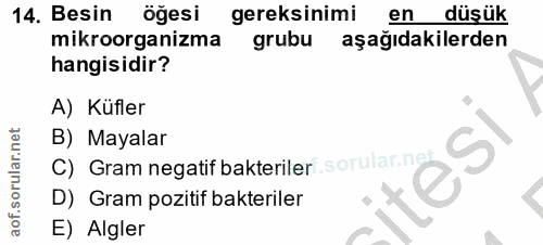 14. soru: Besin öğesi gereksinimi en düşük mikroorganizma grubu aşağıdakilerden hangisidir? A) Küfler B) Mayalar C) Gram negati…