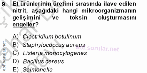 9. soru: Et ürünlerinin üretimi sırasında ilave edilen nitrit, aşağıdaki hangi mikroorganizmanın gelişimini ve toksin oluşturm…