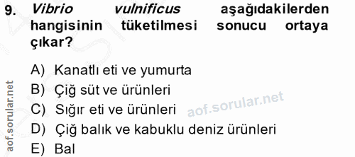 9. soru: Vibrio vulnificus aşağıdakilerden hangisinin tüketilmesi sonucu ortaya çıkar? A) Kanatlı eti ve yumurta B) Çiğ süt ve…