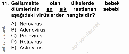 11. soru: Gelişmekte olan ülkelerde bebek ölümlerinin en sık rastlanan sebebi aşağıdaki virüslerden hangisidir? A) Norovirüs B)…
