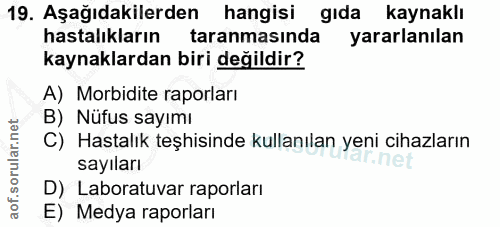 19. soru: Aşağıdakilerden hangisi gıda kaynaklı hastalıkların taranmasında yararlanılan kaynaklardan biri değildir? A) Morbidit…