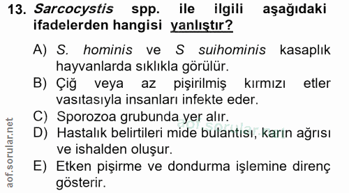 13. soru: Sarcocystis spp. ile ilgili aşağıdaki ifadelerden hangisi yanlıştır? A) S. hominis ve S suihominis kasaplık hayvanlar…