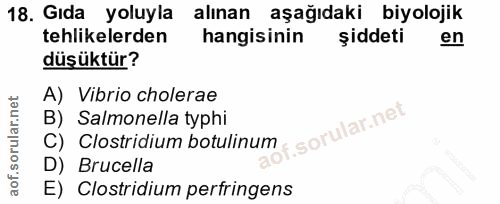 18. soru: Gida yoluyla • alınan aşağıdaki biyolojik tehlikelerden hangisinin şiddeti en düşüktür? A) Vibrio cholerae B) Salmone…