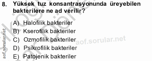 8. soru: Yüksek tuz konsantrasyonunda üreyebilen bakterilere ne ad verilir? A) Halofilik bakteriler B) Kserofilik bakteriler C…