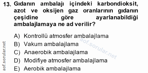 13. soru: Gıdanın ambalajı içindeki karbondioksit, azot ve oksijen gaz oranlarının gıdanın çeşidine göre ayarlanabildiği ambala…