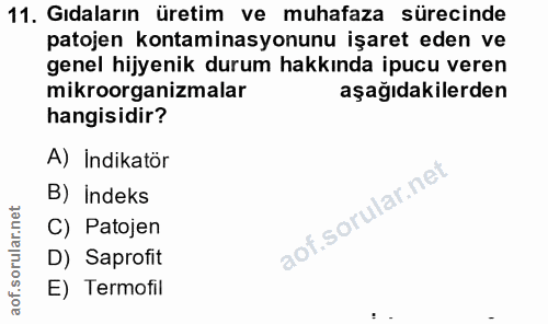 11. soru: Gıdaların üretim ve muhafaza sürecinde patojen kontaminasyonunu işaret eden ve genel hijyenik durum hakkında ipucu ve…