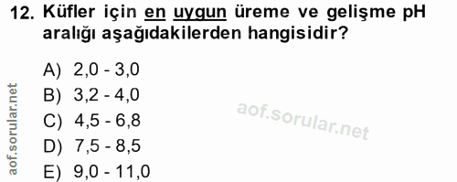 12. soru: Küfler için en uygun üreme ve gelişme pH aralığı aşağıdakilerden hangisidir? A) 2,0 - 3,0 B) 3,2 - 4,0 C) 4,5 - 6,8 D…