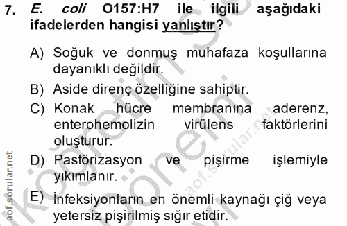 7. soru: E. coli 0157:H7 ile ilgili aşağıdaki ifadelerden hangisi yanlıştır? A) Soğuk ve donmuş muhafaza koşullarına dayanıklı…