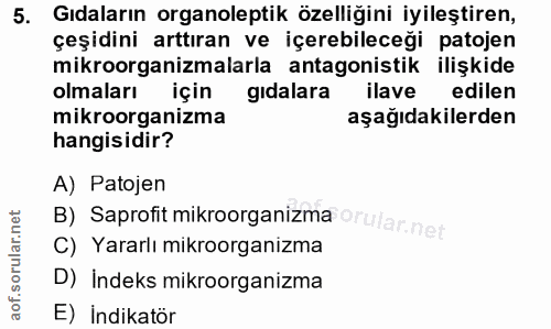5. soru: Gıdaların organoleptik özelliğini iyileştiren, çeşidini arttıran ve içerebileceği patojen mikroorganizmalarla antagon…