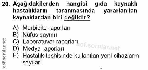 20. soru: Aşağıdakilerden hangisi gıda kaynaklı hastalıkların taranmasında yararlanılan kaynaklardan biri değildir? A) Morbidit…