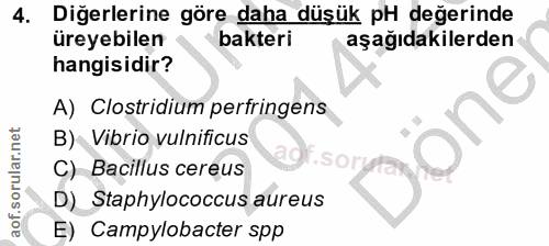4. soru: Diğerlerine göre daha düşük pH değerinde üreyebilen bakteri aşağıdakilerden hangisidir? A) Clostridium perfringens B)…
