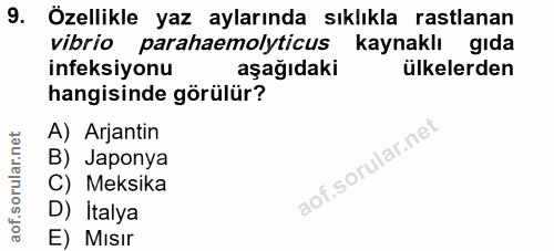 9. soru: Özellikle yaz aylarında sıklıkla rastlanan vibrio parahaemolyticus kaynaklı gıda infeksiyonu aşağıdaki ülkelerden han…