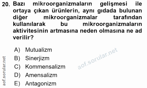 20. soru: Bazı mikroorganizmaların gelişmesi ile ortaya çıkan ürünlerin, aynı gıdada bulunan diğer mikroorganizmalar tarafından…