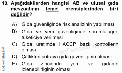 10. soru: Aşağıdakilerden hangisi AB ve ulusal gıda mevzuatinin temel prensiplerinden biri değildir? A) Gıda güvenliğinde risk…