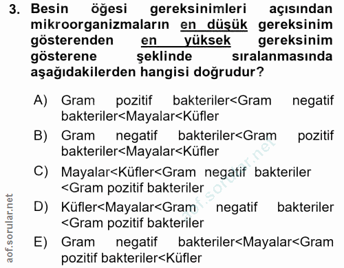 3. soru: Besin öğesi gereksinimleri açısından mikroorganizmaların en düşük gereksinim gösterenden en yüksek gereksinim göstere…