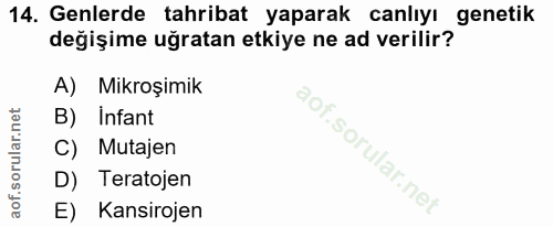 14. soru: Genlerde tahribat yaparak canlıyı genetik değişime uğratan etkiye ne ad verilir? A) Mikroşimik B) Infant C) Mutajen D…