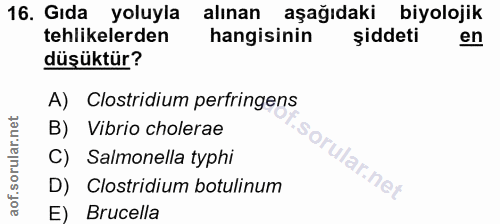 16. soru: Gıda yoluyla alınan aşağıdaki biyolojik tehlikelerden hangisinin şiddeti en düşüktür? A) Clostridium perfringens B) V…