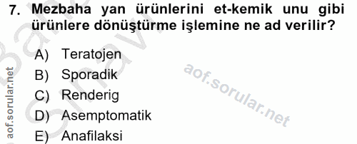 7. soru: Mezbaha yan ürünlerini et-kemik unu gibi ürünlere dönüştürme işlemine ne ad verilir? A) Teratojen B) Sporadik C) Rend…