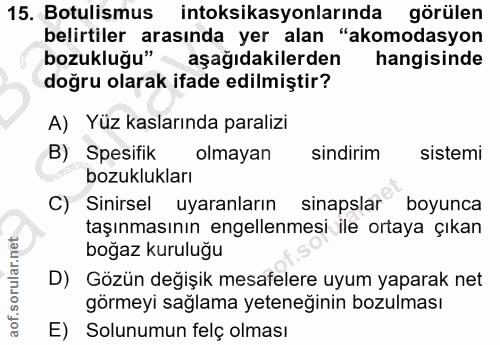 15. soru: Botulismus intoksikasyonlarında görülen belirtiler arasında yer alan "akomodasyon bozukluğu"- aşağıdakilerden hangisi…