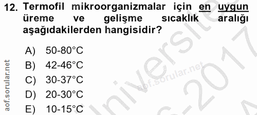 12. soru: Termofil mikroorganizmalar için en uygun üreme ve gelişme sıcaklık aralığı aşağıdakilerden hangisidir? A) 50-80°C B)…