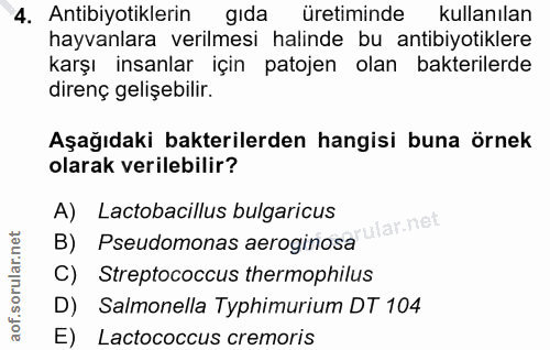 4. soru: Antibiyotiklerin gıda üretiminde kullanılan hayvanlara verilmesi halinde bu antibiyotiklere karşı insanlar için patoj…