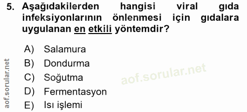 5. soru: Aşağıdakilerden hangisi viral gida ineksiyonlarının önlenmesi için gıdalara uygulanan en etkili yöntemdir? A) Salamur…