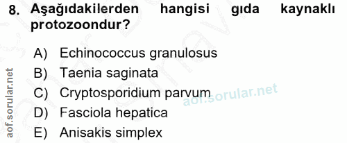 8. soru: Aşağıdakilerden hangisi gıda kaynaklı protozoondur? A) Echinococcus granulosus B) Taenia saginata C) Cryptosporidium…