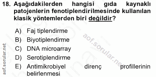 18. soru: Aşağıdakilerden hangisi gida kaynaklı patojenlerin fenotiplendirilmesinde kullanılan klasik yöntemlerden biri değildi…
