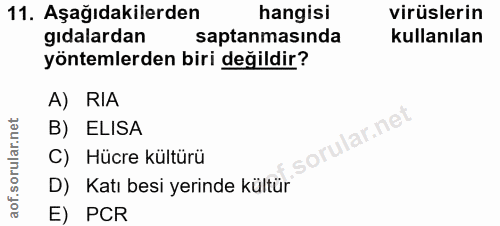 11. soru: Aşağıdakilerden hangisi virüslerin gıdalardan saptanmasında kullanılan yöntemlerden biri değildir? A) RIA B) ELISA C)…