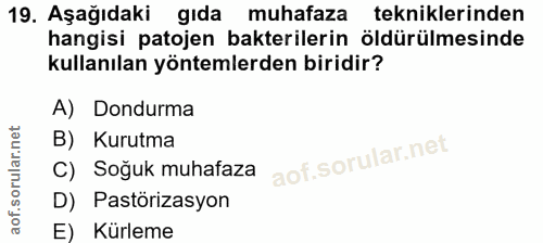 19. soru: Aşağıdaki gıda muhafaza tekniklerinden hangisi patojen bakterilerin öldürülmesinde kullanılan yöntemlerden biridir? A…