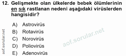12. soru: Gelişmekte olan ülkelerde bebek ölümlerinin en sık rastlanan nedeni aşağıdaki virüslerden hangisidir? A) Astrovirüs B…