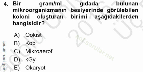 4. soru: Bir gram/ml gıdada bulunan mikroorganizmanın besiyerinde görülebilen koloni oluşturan birimi / aşağıdakilerden hangis…