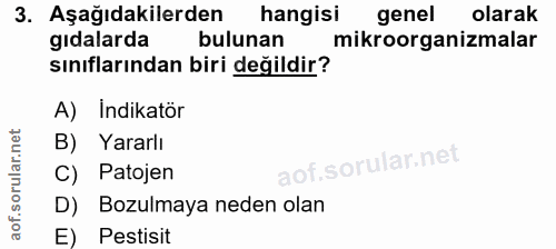 3. soru: Aşağıdakilerden hangisi genel olarak gıdalarda bulunan mikroorganizmalar sınıflarından biri değildir? A) Indikatör B)…