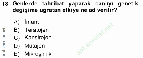 18. soru: Genlerde tahribat yaparak canlıyı genetik değişime uğratan etkiye ne ad verilir? A) Infant B) Teratojen C) Kansirojen…