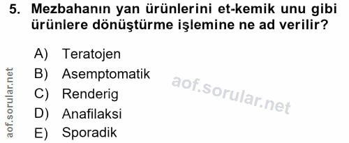 5. soru: Mezbahanın yan ürünlerini et-kemik unu gibi ürünlere dönüştürme işlemine ne ad verilir? A) Teratojen B) Asemptomatik…