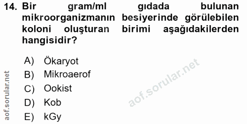 14. soru: Bir gram/ml gıdada bulunan mikroorganizmanın besiyerinde görülebilen koloni oluşturan birimi aşağıdakilerden hangisid…