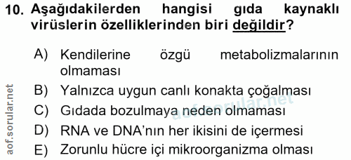 10. soru: Aşağıdakilerden hangisi gıda kaynaklı virüslerin özelliklerinden biri değildir? A) Kendilerine özgü metabolizmalarını…