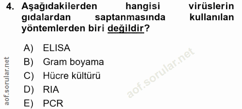 4. soru: Aşağıdakilerden hangisi virüslerin gıdalardan saptanmasında kullanılan yöntemlerden biri değildir? A) ELISA B) Gram b…