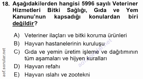 18. soru: Aşağıdakilerden hangisi 5996 sayılı Veteriner Hizmetleri Bitki Sağlığı, Gıda ve Yem Kanunu'nun kapsadığı konulardan b…