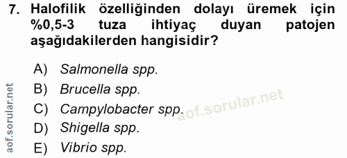7. soru: Halofilik özelliğinden dolayı üremek için %0,5-3 tuza ihtiyaç duyan patojen aşağıdakilerden hangisidir? A) Salmonella…